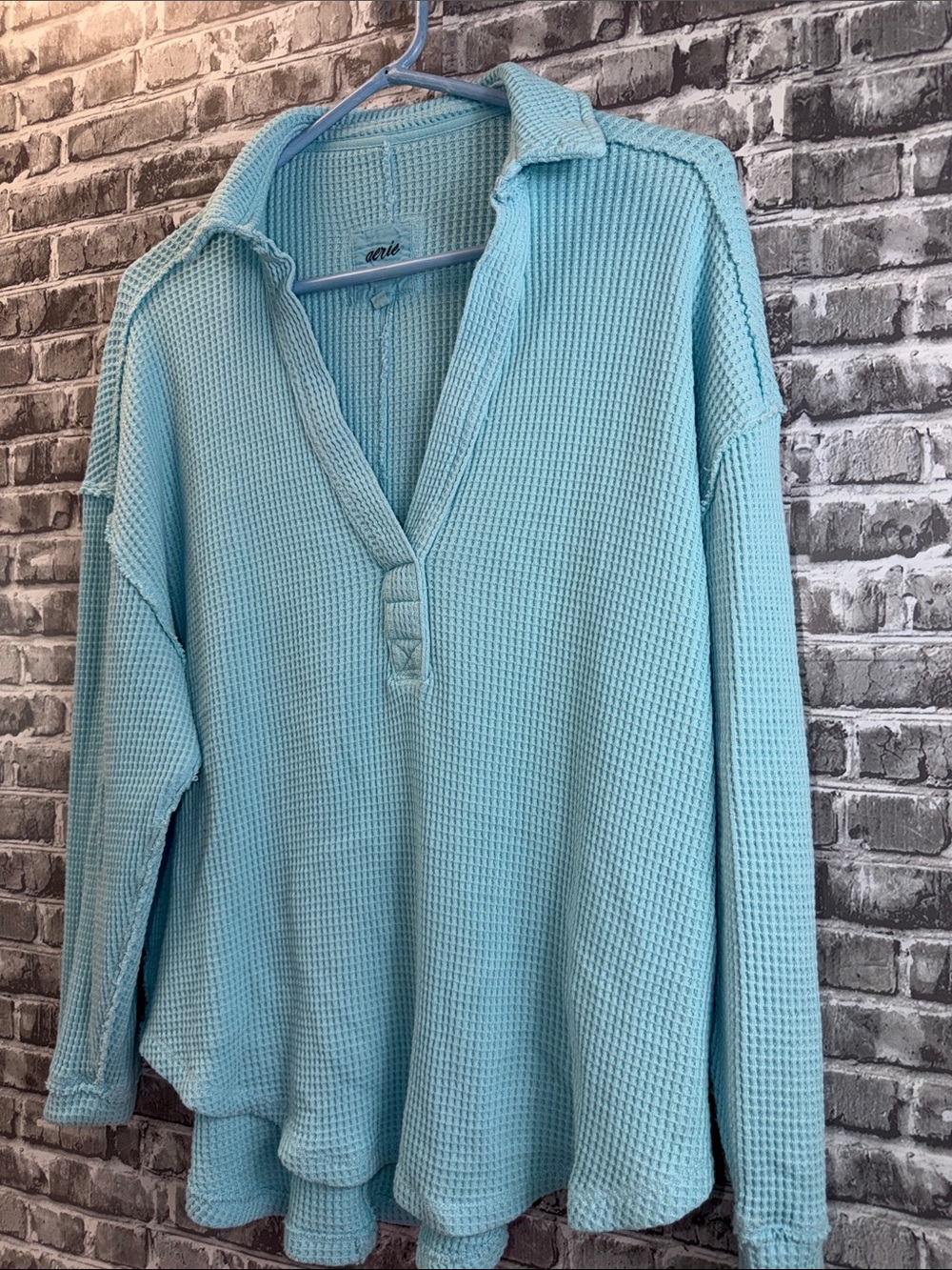 aerie Aqua Waffle-Knit V-Neck Collared Sweater - Picture 2 of 9